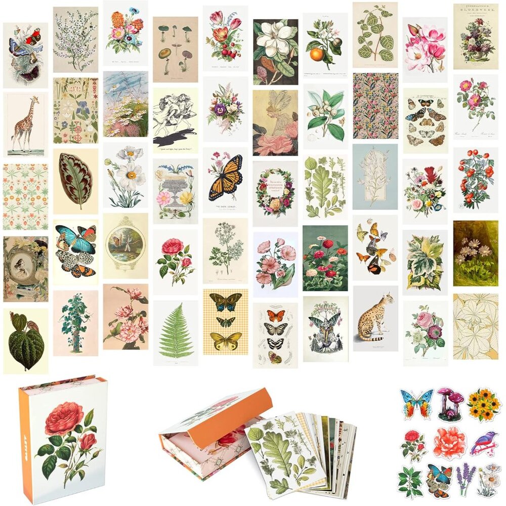 Vintage Decor Wall Collage Kit, Botanical Wall Collage Cards, Vintage Wall Decor